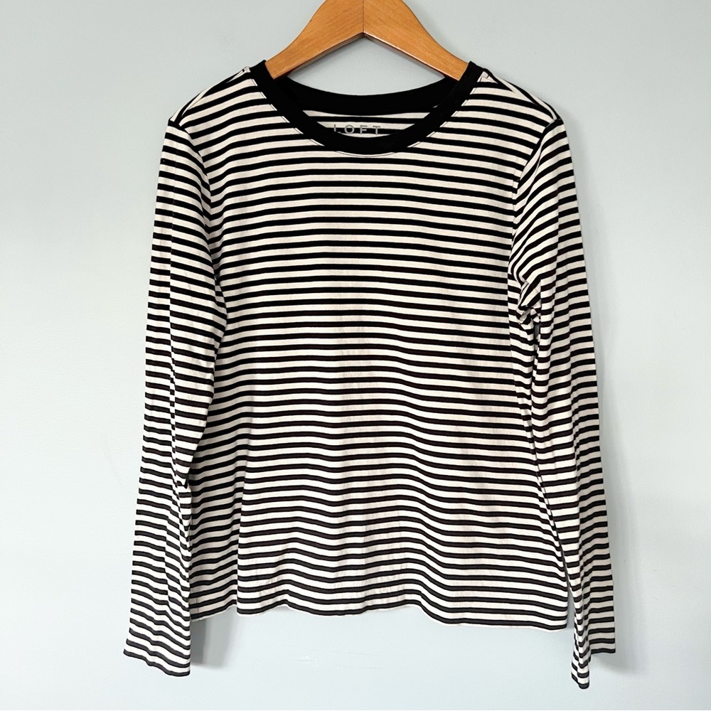 LOFT Burgundy Brown Cream Striped Long Sleeve Cotton Crewneck ShirtSize Medium